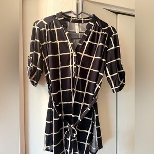 PerSeption Concept Navy and White Belted Blouse with Mandarin Collar